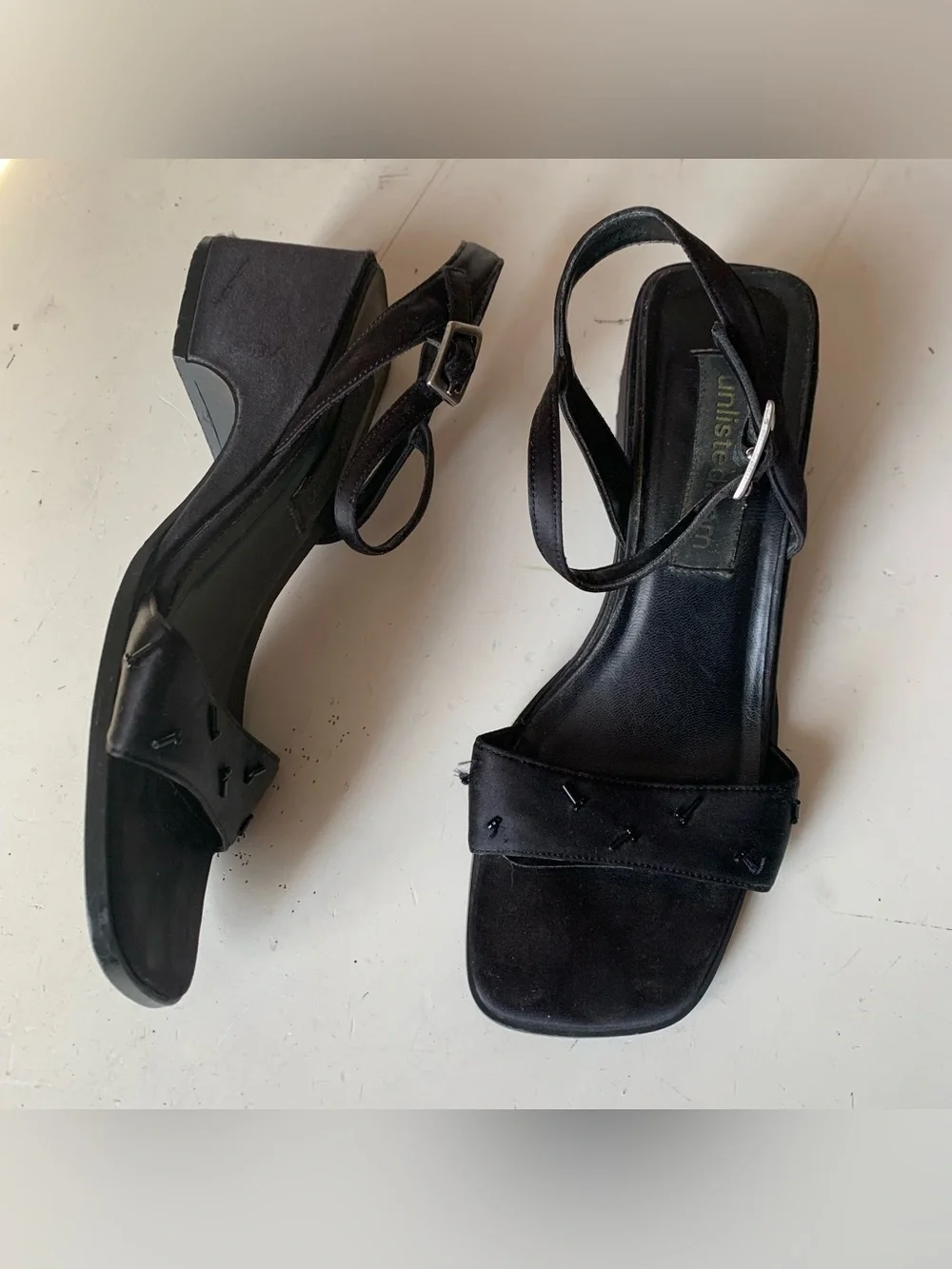 Vintage 90s Black Satin Square Toe Heels Sandals